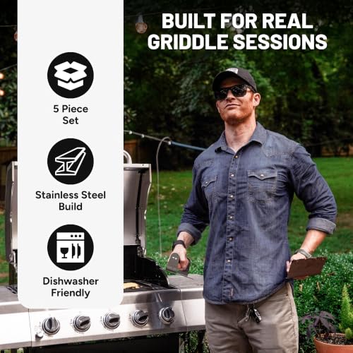 Burger Iron Sasquash 5-Piece Burger Smasher Set Combo - Griddle Kit for Home & Grill Cooking