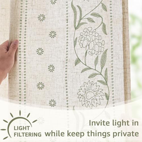 Jinchan Sage Floral Linen Curtains 50"W x 84"L, Pack of 4, Back Tab, Vintage Style