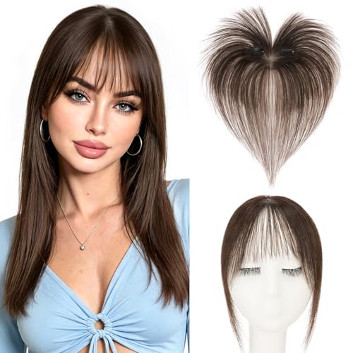Dark Brown Clip-In Human Hair Bangs for Women, Wispy Front Hairpiece - 9g