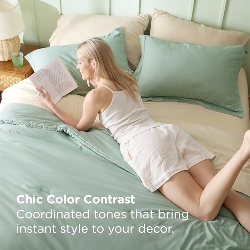 Bedsure Queen Bed in a Bag - Sage Green Comforter Set, 7 Pieces, Contrasting Colors