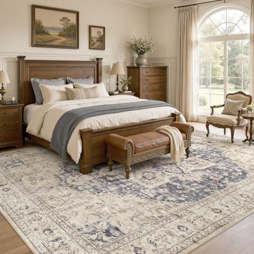 9x12 Machine Washable Area Rug - Soft Cream and Blue Vintage Medallion Style