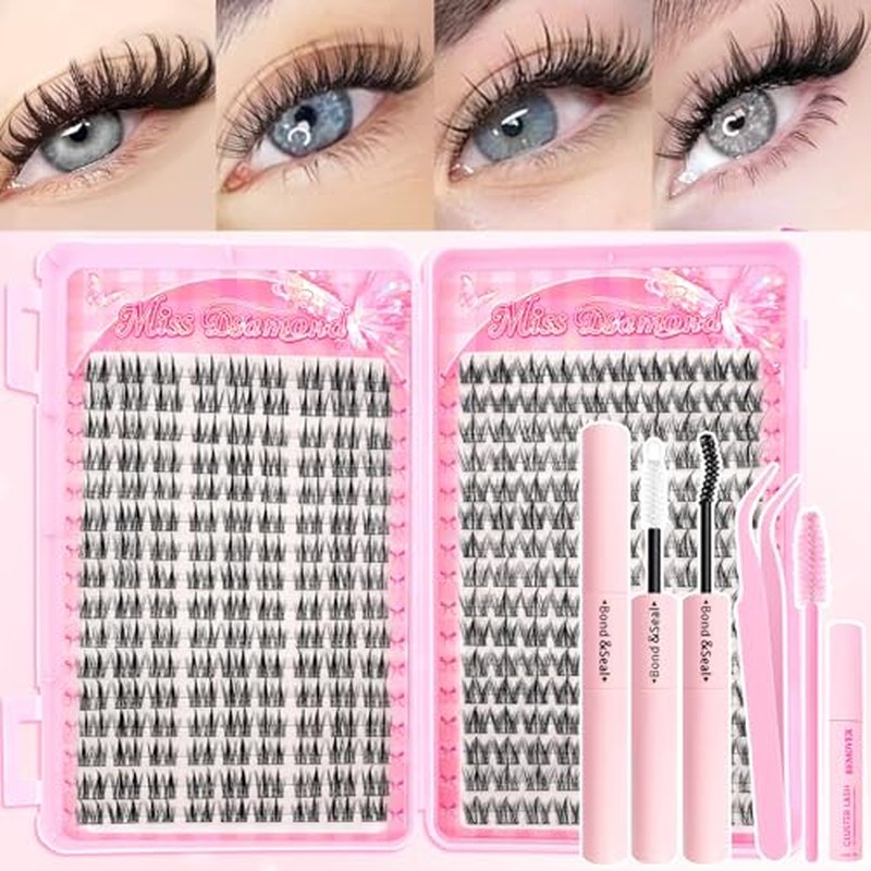 Lash Clusters Kit 608pcs, Natural Wispy DIY Eyelash Lashes Clusters Manga Extensions Kit, Spiky Lash Clusters D Curl with Lash Glue Brush Tweezer Remover