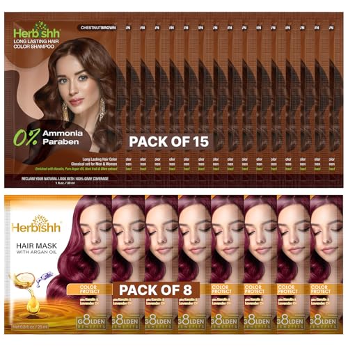 Herbishh Chestnut Brown Hair Color Shampoo Pack of 15 + 8 Argan Oil Hair Masks