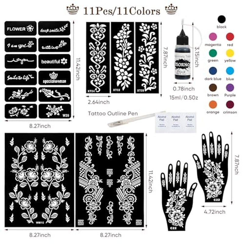 11 Colors Temporary Tattoo Ink Kit, 11 Bottles Tattoo Ink with 1Pcs Outline Pen for DIY Body Paint, Safe & Easy tattoos(Black,Red,Green,Purple,Orange,Navy, Blue,Brown,Pink,Grey,Yellow)