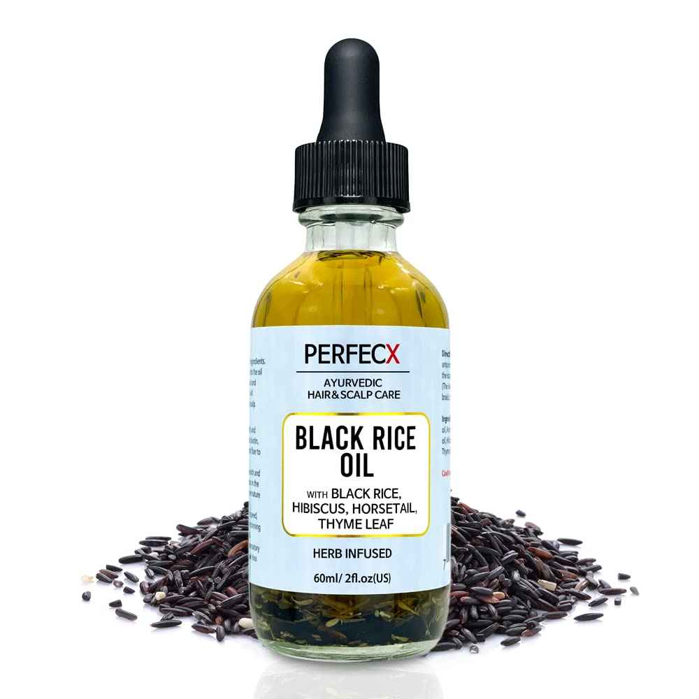 PERFECX - Black Rice Hair Oil 2 fl oz - for Scalp Treatment - 48 hours Herbal Infused Ayurvedic Natural Ingredients - Hair Strengthening and Growth Promotion