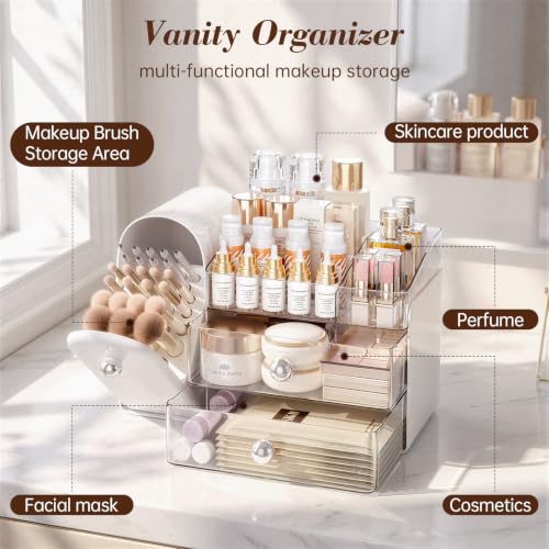 Delamu White Large Vanity Makeup Organizer – 3-in-1 with 27 Compartments
