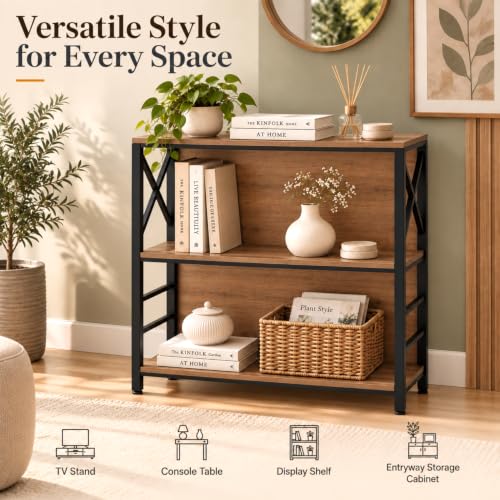 MNEETRUNG Brown 3-Tier Industrial Book Shelf, 29.5" Short Bookcase for Small Spaces