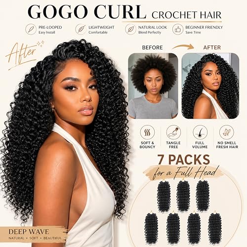 12 Inch Curly Crochet Hair for Black Women - 4-in-1 Deep Wave Pack of 7 - 1B