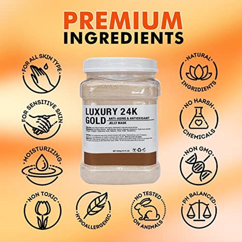 Jelly Mask Powder for Facials, 24K Gold Anti Aging Jelly Face Mask, Professional Peel Off Hydro Face Mask Powder for Fight Fine Lines, Dullness & Uneven Skin Tone, DIY SPA 23 FLOZ Mask Powder