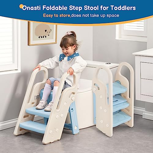 Blue Foldable Toddler Step Stool with Handles - Adjustable 3-Step Bathroom & Kitchen Ladder