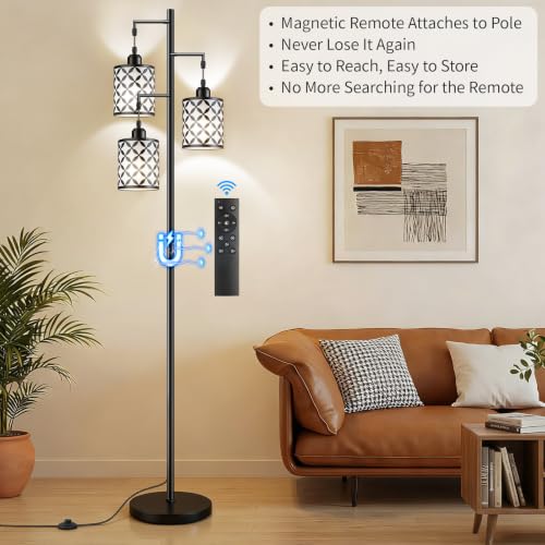 Black 72-Inch Dimmable Floor Lamp with Remote & Timer, 3 Heads, Adjustable Heights
