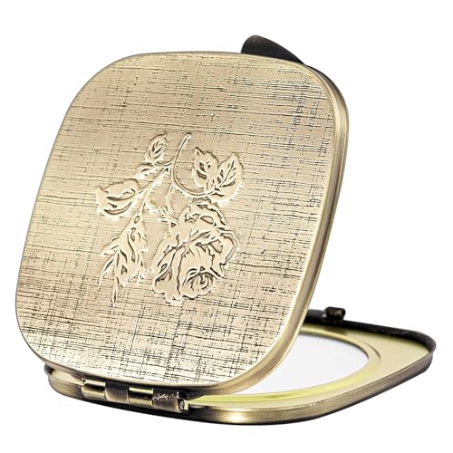 Travel Small Compact 1X/2X Mirror - Handheld, Foldable, Lightweight - Mini Pocket Magnifier for Wallet - Square 3.0 inches x 2.8 inches (Ancient Bronze)