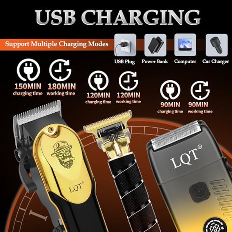 3-in-1 Barber Kit, Professional Hair Clipper, T-Blade Trimmer & Foil Shaver Set, Long-Lasting Battery, LED Display, Cordless Rechargeable Hair Cutting Tools for Men, Gold, Home-use, Gifts for Men