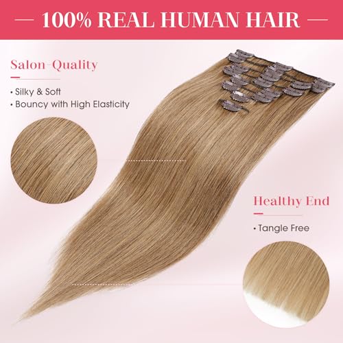 Clip-In Hair Extensions 100% Human Hair Short 8 Inch Light Brown 8pcs Full Head
