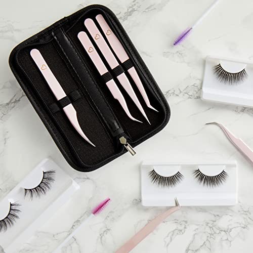 Okuna Outpost Precision Lash Tweezers Set - Stainless Steel Tools for Eyelash Extension Kit - Travel Pouch & Tweezers for Lash Extensions with Case - 6pc Light Pink