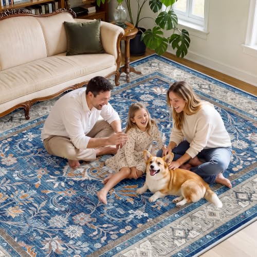 SameBed 8x10 Blue Vintage Washable Area Rug Living Room Carpet