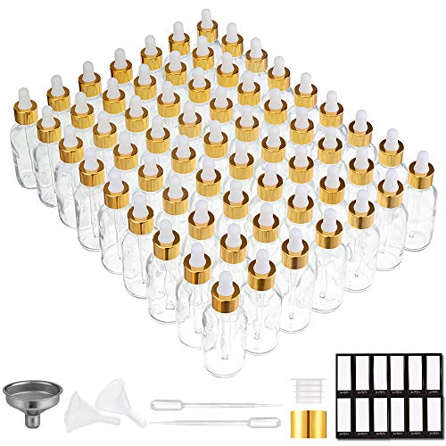 PrettyCare Glass Eye Dropper Bottles 2oz (60ml), 63 Pack Clear Empty Thick Bottles Bulk with Leakproof Golden Caps - With Labels & Funnels for for Storage, Travel,Essential Oils, DIY Serums, Tincture