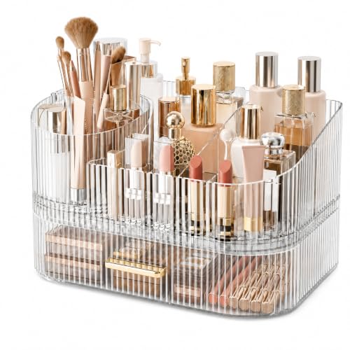 Large 360° Rotating Makeup Organizer with Drawer - Clear Acrylic Storage Display