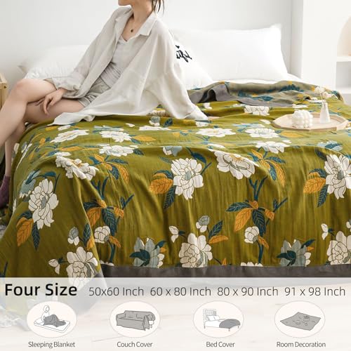 Flower Branch Boho Throw Blanket for Couch Bed - 91x98 Inches, Soft Cotton