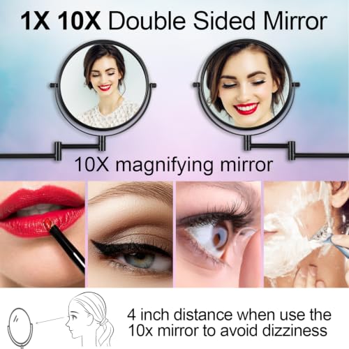 8-Inch Wall Mounted Makeup Mirror - Matte Black No Lights, 1X & 10X Magnification