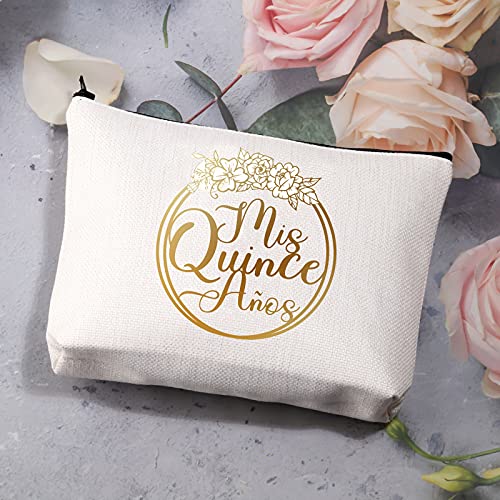 BDPWSS 15th Birthday Cosmetic Makeup Bag For Teen Girls Mis Quince Anos Latina Spanish Zipper Pouch For Daughter 15 Years Old Birthday Gifts(Mis Quince Anos)