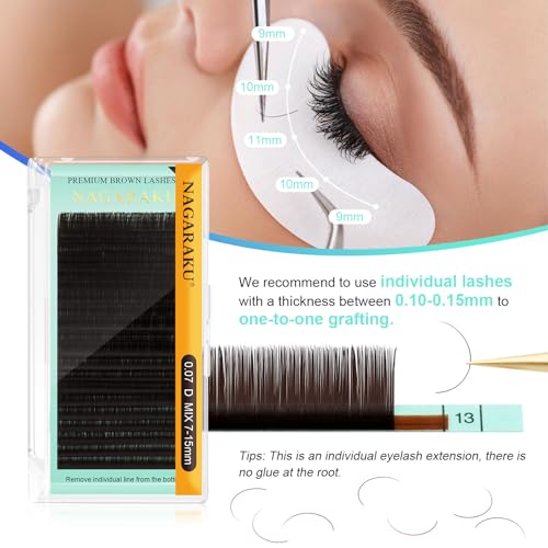 NAGARAKU Dark Brown Color Individual Eyelash Extensions Classic Lashes Faux Mink Soft False Eye Lashes Supplies 20 Rows(0.07mm C curl 10mm)