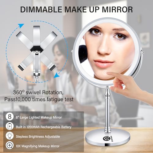8" Lighted Makeup Mirror, 10X Makeup Mirror with Lights, Double Sided Dimmable Magnifying Mirror with Light, Rechargeable and Brightness Adjustable, Cordless Vanity Mirror with Lights