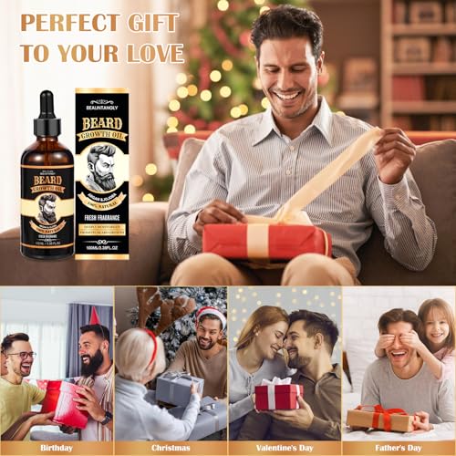 Beard Growth Oil for Men, 100% Natural Beard Oil with Argan Oil, Jojoba Oil, Castor Oil - 3.38 FL/100ML Fresh Fragrance Beard Conditioner Softens, Nourishes,Strengthens, Promotes Beard Growth