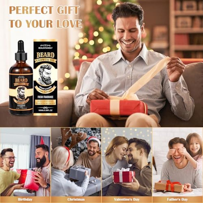 Beard Growth Oil for Men, 100% Natural Beard Oil with Argan Oil, Jojoba Oil, Castor Oil - 3.38 FL/100ML Fresh Fragrance Beard Conditioner Softens, Nourishes,Strengthens, Promotes Beard Growth