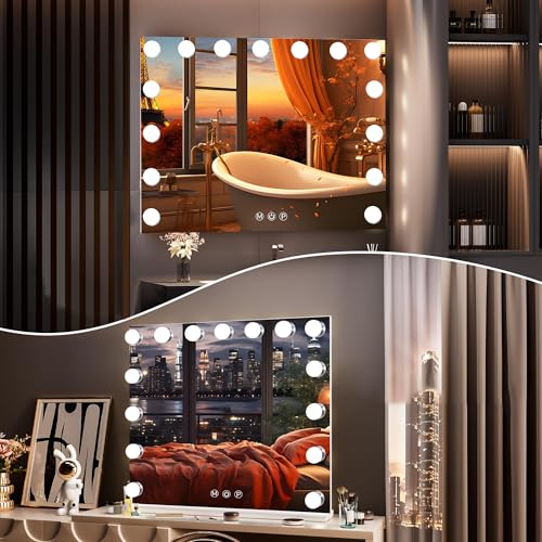 Vanity Mirror with Lights, Lighted Makeup Mirror with 15 Dimmable LED Bulbs, Hollywood Mirrors with USB Port, Detachable 10X Magnification, 3 Lighting Modes (22.8" L x 18.1" W)