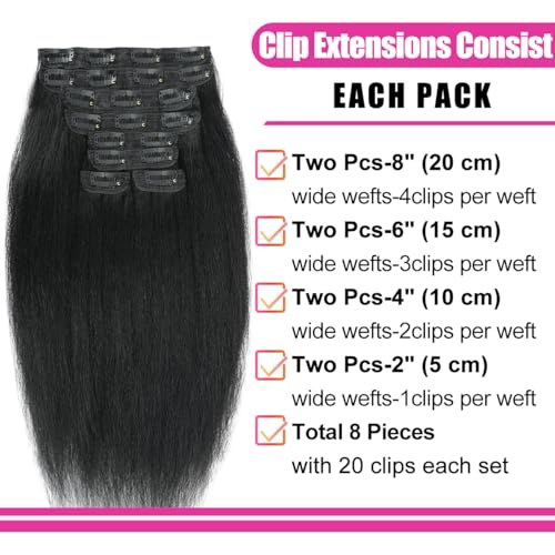 16 Inch Kinky Straight Clip-In Hair Extensions - Real Human Hair, Double Weft, 8 Pieces
