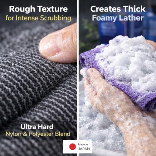 Terra Distribution Extra Long Exfoliating Washcloth (2pc) Made in Japan – Ultra-Hard Back Scrubber Loofah Set, Black & Purple