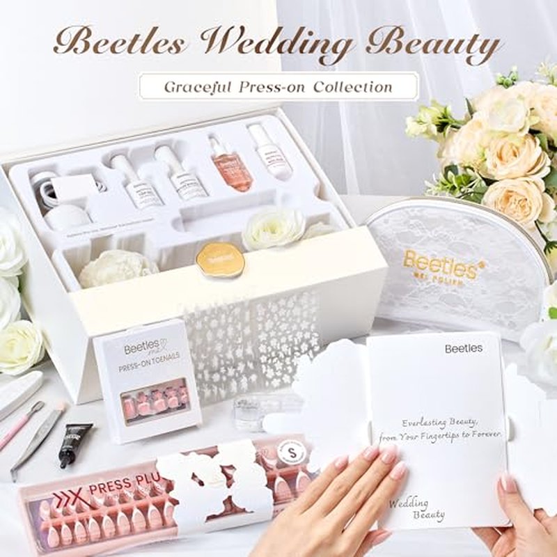 Beetles French Tip Press On Nails - Wedding Beauty Box | Short Almond Press On Nails Kit | 16 Sizes 224 Pcs All-in-One Kit With Nail Glue,Builder,Top Coat,Nail Lamp,Nail Tools Gift