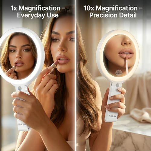 LED Lighted Makeup Mirror with 10X Magnification, 3 Light Modes, Rechargeable Vanity Mirror with Adjustable Stand