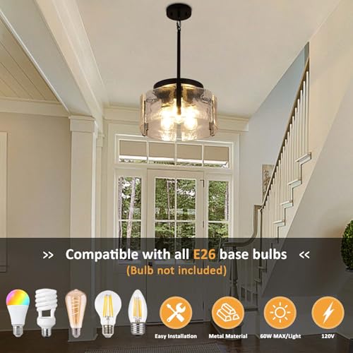 3 Light Black Modern Farmhouse Chandelier Pendant for Dining Room, Adjustable Glass Shade