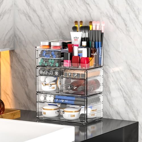 Acrylic Makeup Organizer with 8 Drawers - Stackable Vanity & Skincare Storage Set of 3