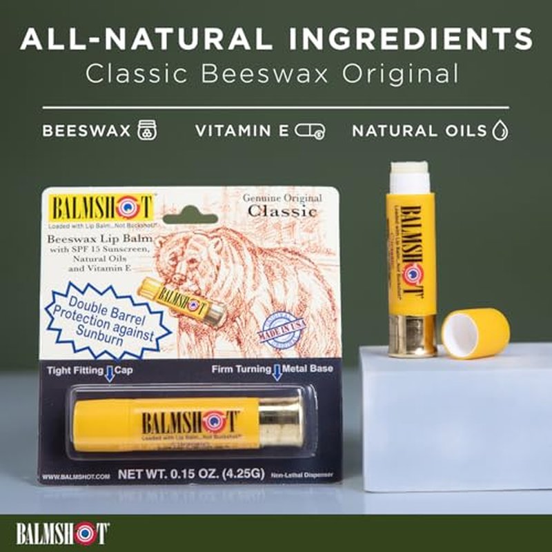 BALMSHOT Lip Balm (2-Pack) of Classic & Pure Pink Vanilla Mint - SPF 15, Beeswax Chapstick for Dry Chapped Lips, 20-Gauge Brass Shotgun Shell Tube, Long Lasting Lip Moisturizer, Made in USA
