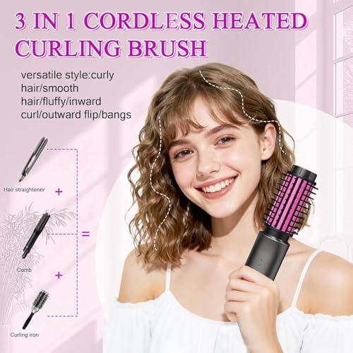 Dongxw Mini Cordless Curling Iron Brush - Blush Rose, 3-in-1 Travel Hair Styler