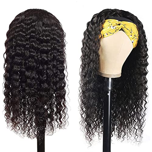 Black 20 Inch Curly Human Hair Headband Wig - Glueless, Wet Wavy, for Black Women