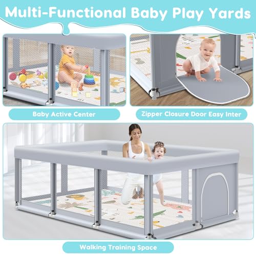 Fshibila 74x50 Inch Baby Playpen with Soft Mesh & Mat - Indoor & Outdoor Safety Play Yard, Grey