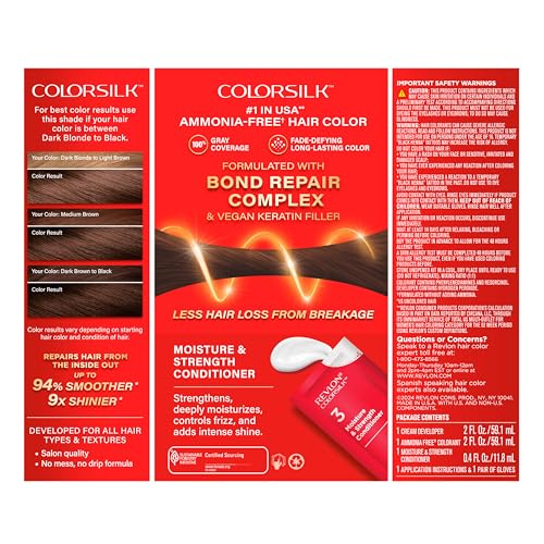 Revlon ColorSilk with Bond Repair Complex, Brown Permanent Hair Color, 100% Gray Coverage, Ammonia Free Hair Dye, Vegan Keratin, 30 Dark Brown (Pack of 3)