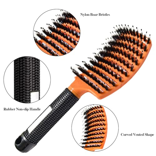Orange 5pcs Hair Styling Brush Set - Blow Dry & Detangle Round & Boar Bristle