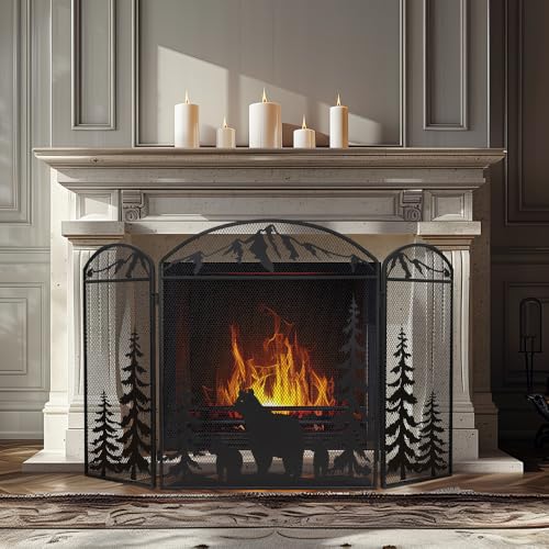 Hogardeck 48x30 Fireplace Screen with Polar Bear for Brick Fireplace Safety & Decor
