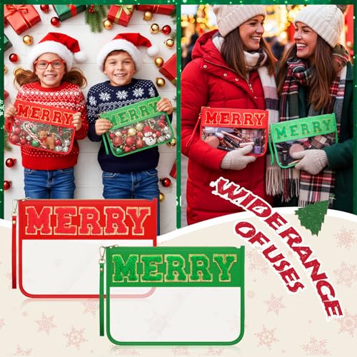 6 Pcs Christmas Gifts Red Green Chenille Letter Bags Xmas Nylon Clear Cosmetic Bags Toiletry Zipper Pouch Merry Makeup Travel Purse for Women Christmas Party Holiday Favor