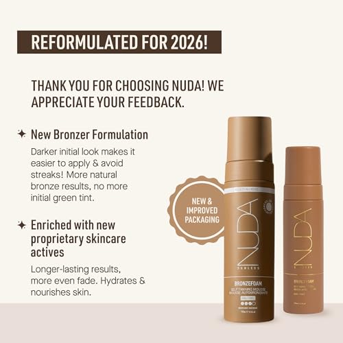 Nuda BronzeFoam Self Tanning Mousse | Lightweight, Fast-Drying & Streak-Free Sunless Tanner | Made with Niacinamide, Bakuchiol, Orchid Stem Cells, Panthenol & Ceramides | Easy to Apply (Dark, 190mL)