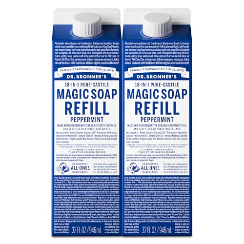 Liquid Castile Soap Refill Peppermint 32oz 2-Pack - Organic Vegan, Concentrated