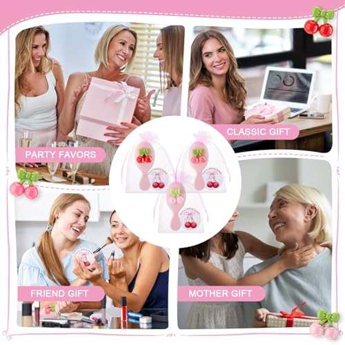 Pink Cherry Bow Compact Mirror & Hair Brush Set - Party Favor Gift, Variation of Pink / Cherry Bow