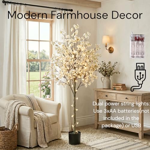 White Artificial Cherry Blossom Tree with Lights - 6ft Indoor Decor - Faux Sakura Tree for Living Room & Events