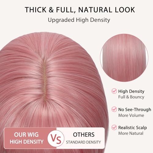 Pink Short Straight Synthetic Wig with Bangs - 14 Inch Bob Hair for Women, Cosplay & Daily Wear - Usweety