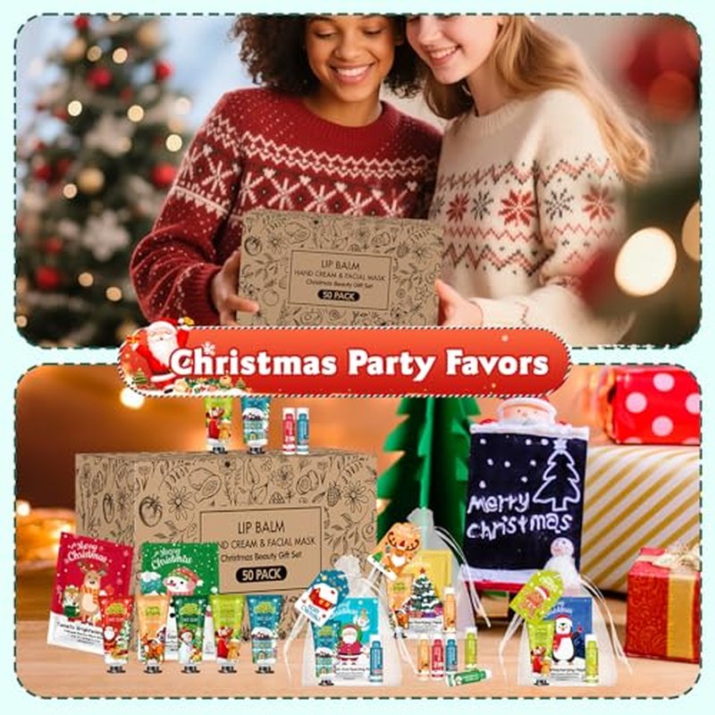 50 Pack Christmas Hand Cream, Facial Mask and Lip Balm Gift Set, Stocking Stuffers for Women, Bulk Christmas Gifts with Christmas Cards Organza Bag for Christmas Party Supplies, Christmas Decorations